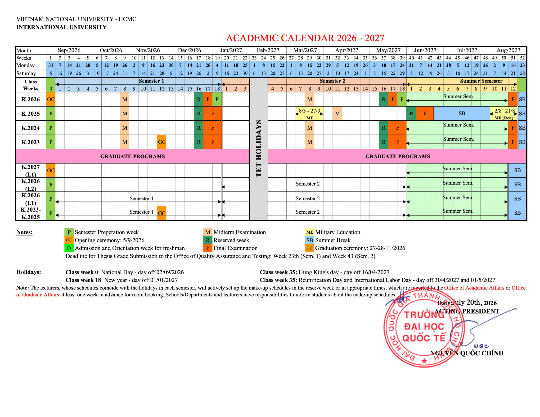 Academic Calendar 2026 - 2027